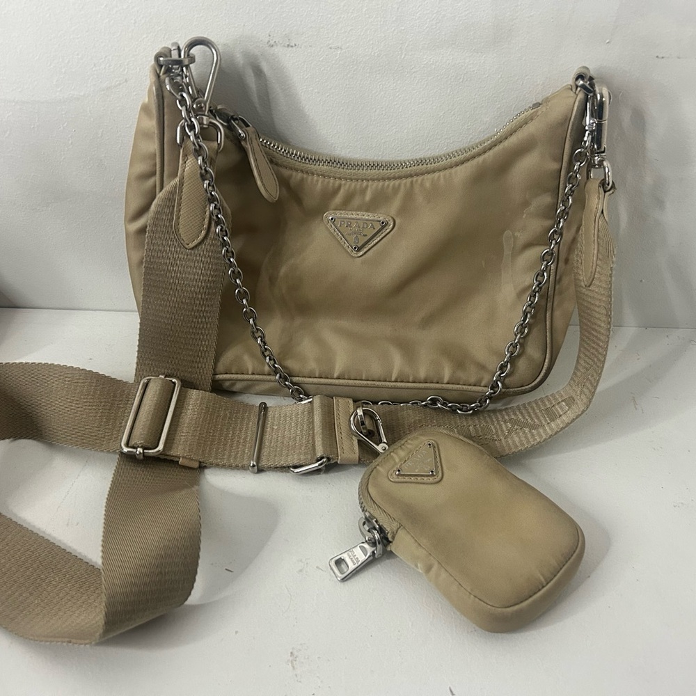 Prada Beige Nylon Shoulder Bag with Chain Strap